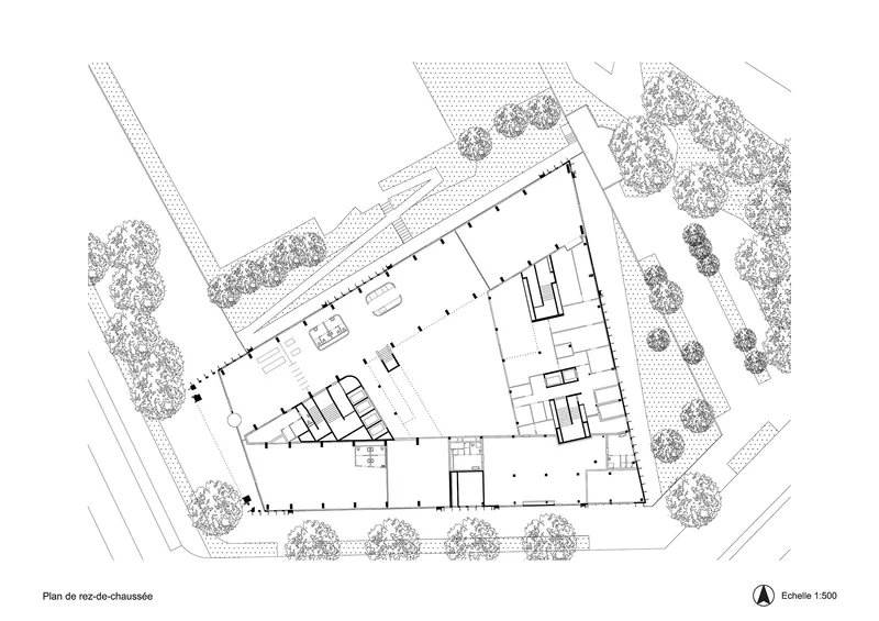 Ground floor plan drawing showing triangular building footprint with central core and surrounding tree canopies