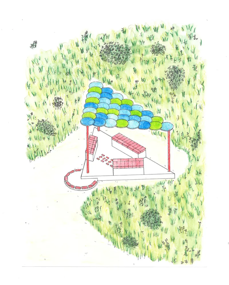 Sketch of a structure with a scalloped barrel canopy set in a grassy field with trees