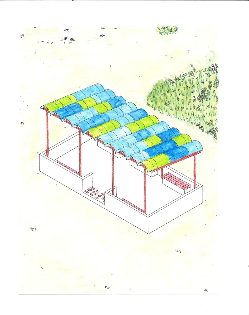 Axonometric drawing showing a barrel roof of colored cylinders supported by red steel columns
