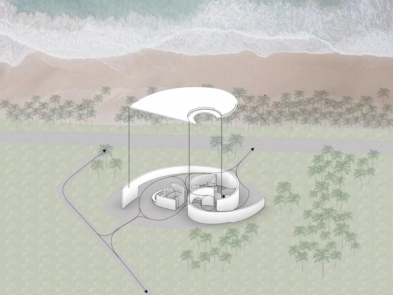 Axonometric drawing showing the curved roof canopy and circular interior volumes adjacent to a beach
