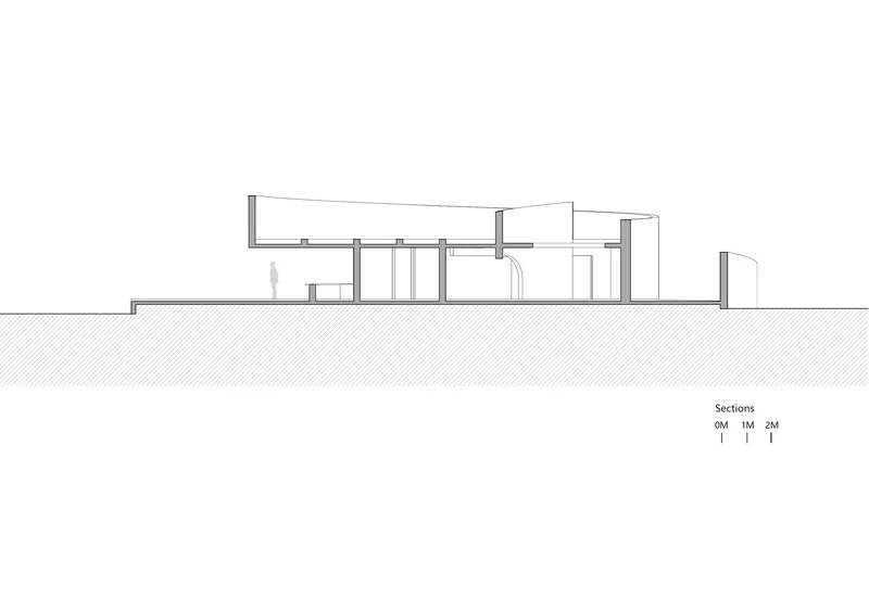 Section drawing revealing the interior spaces and structural elements below grade