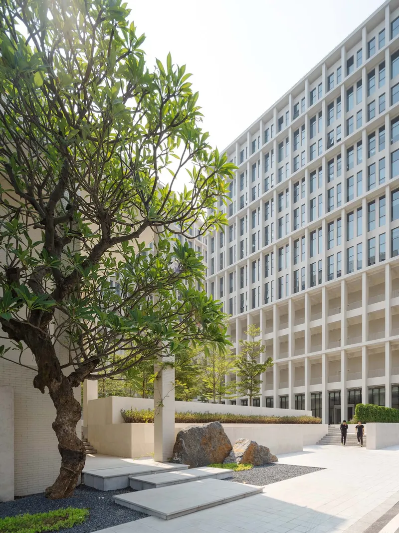 Podium courtyard with gnarled tree, gravel bed and stone slabs beneath a gridded tower facade