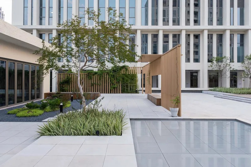 Courtyard with large-format paving, planted beds with grasses and trees against timber screening