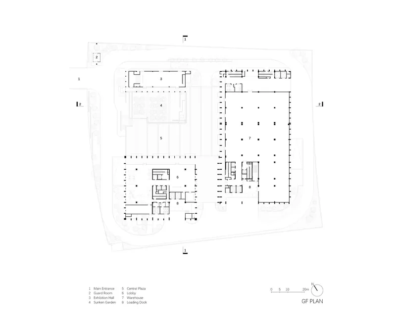Ground floor plan drawing showing courtyard spaces and interior room layouts with column grids