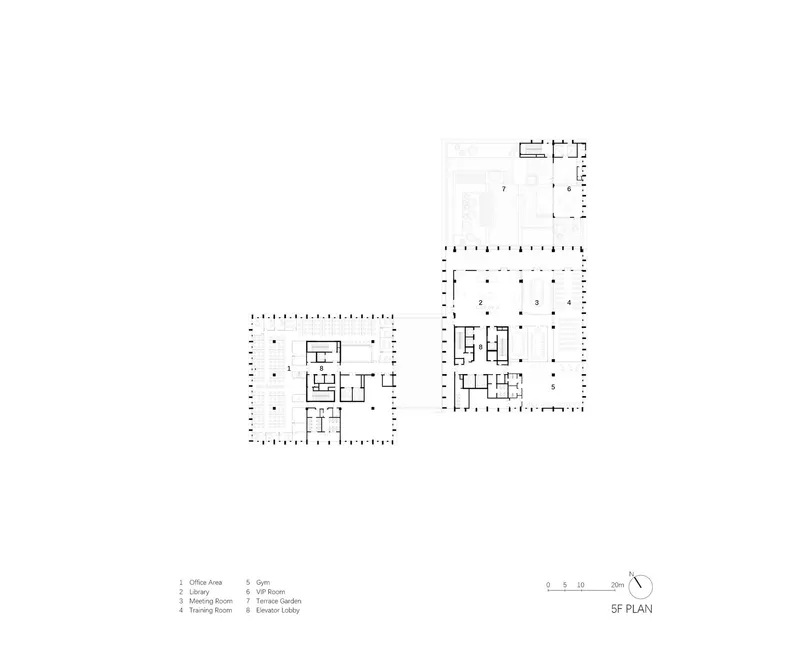 Fifth floor plan drawing showing a central core surrounded by office areas and a terrace garden