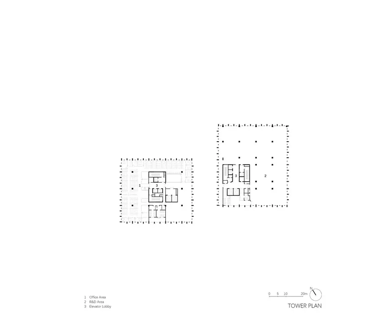 Tower floor plan drawing showing symmetrical office and elevator lobby layouts around a central core