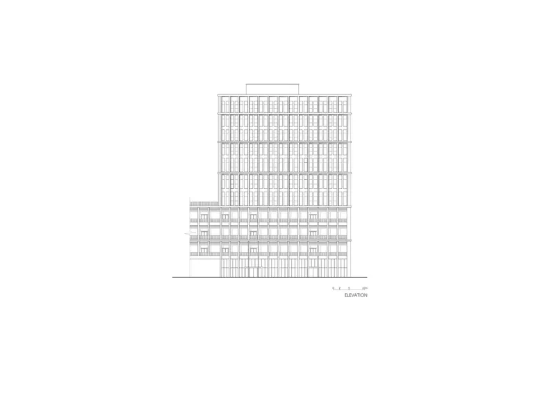 Elevation drawing showing a tower with a gridded facade and projecting upper volume