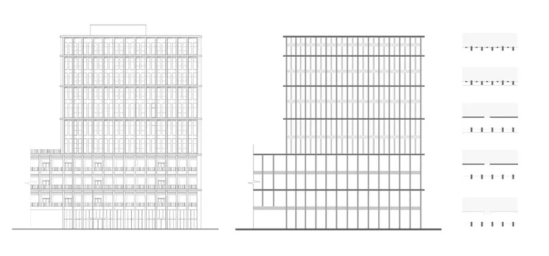 Multiple elevation drawings showing the tower facade variations and a low-rise base with structural grid