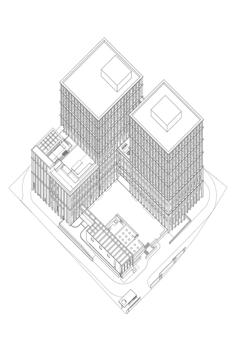 Axonometric drawing of four tower volumes with vertical facade detailing and rooftop elements on a shared base
