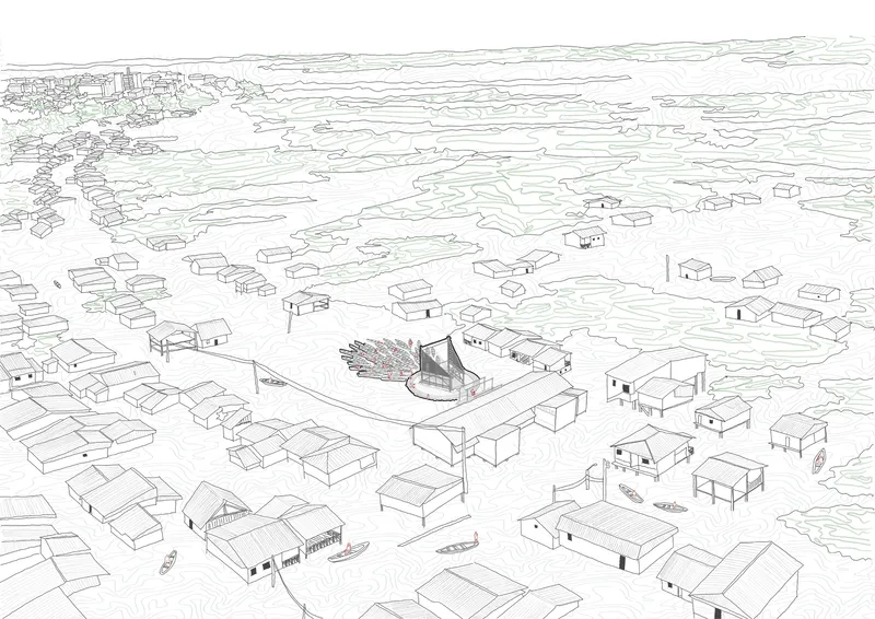 Aerial axonometric drawing of a circular pavilion with radiating canoes in a sparse village landscape