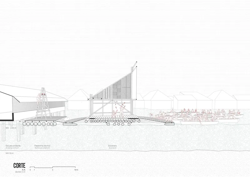 Section drawing depicting the pavilion with a triangular sail-like panel and bleacher seating facing the water