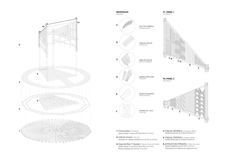 Exploded axonometric diagram showing layered construction with circular base, platforms, and panel assemblies with material callouts