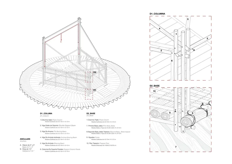Isometric construction detail drawing of column connections and base anchoring system with timber decking and cable supports