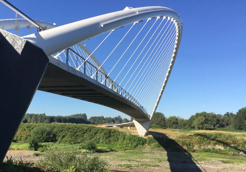 Side view showing the curved white arch and cable rigging above the bridge deck and landscape