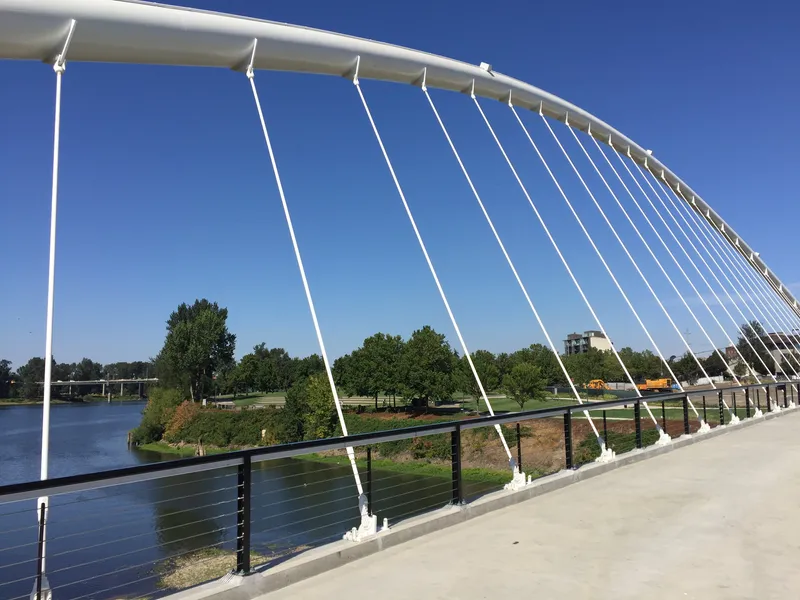 Cable-stayed pedestrian deck with horizontal railings overlooking a river and distant trees