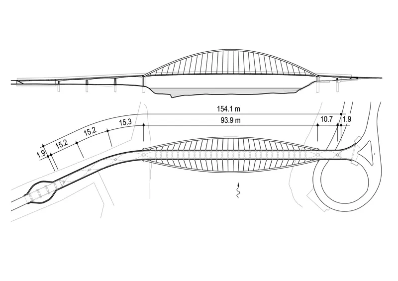 Elevation and section drawings of the arched pedestrian bridge with annotated span dimensions