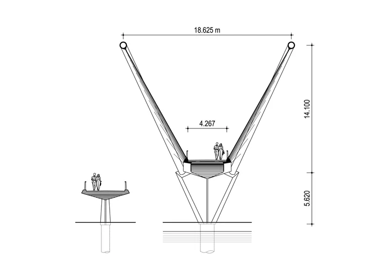 Section drawing of the bridge pylon showing angled support arms and deck connection with human figures for scale