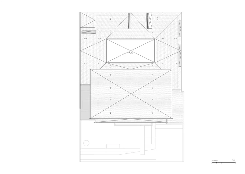 Roof plan drawing showing layered pitched roof structures with cross-bracing and textured panels below