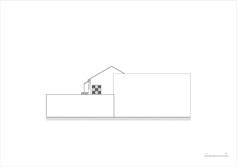 Elevation drawing showing a gabled volume emerging from a horizontal plinth with minimal openings
