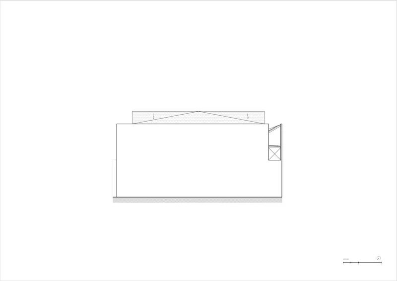 Elevation drawing of the gabled roof profile with a small projecting element at one corner
