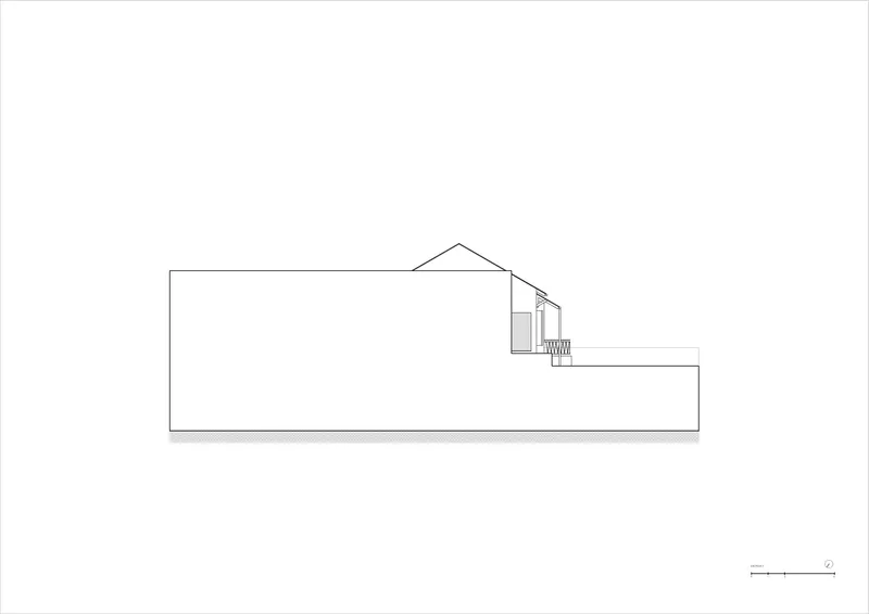 Elevation drawing showing a low-profile building with a pitched roof element extending over a terrace