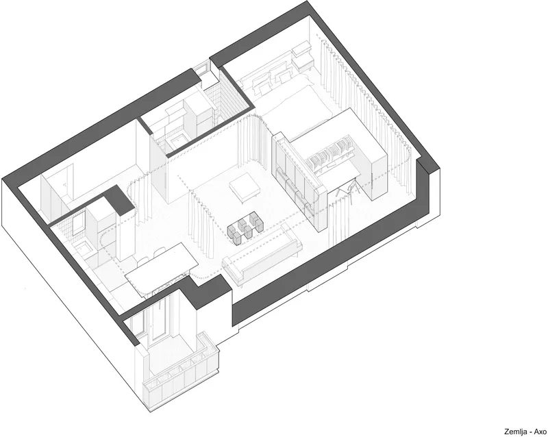 Axonometric drawing showing an open-plan apartment interior with kitchen, living area and bedroom