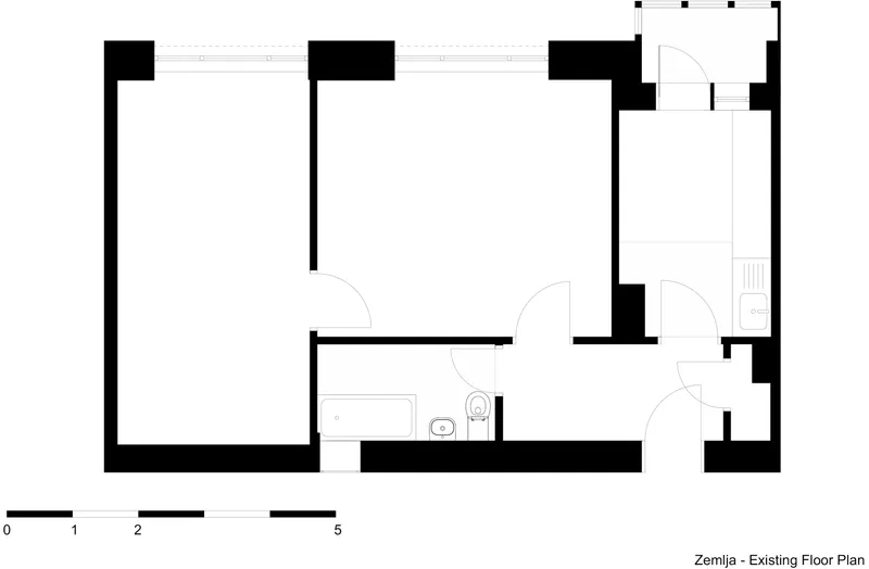 Existing floor plan drawing showing a two-room apartment layout with bathroom and kitchen