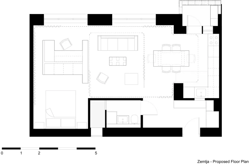 Proposed floor plan drawing showing open living and dining area with integrated bedroom and kitchen