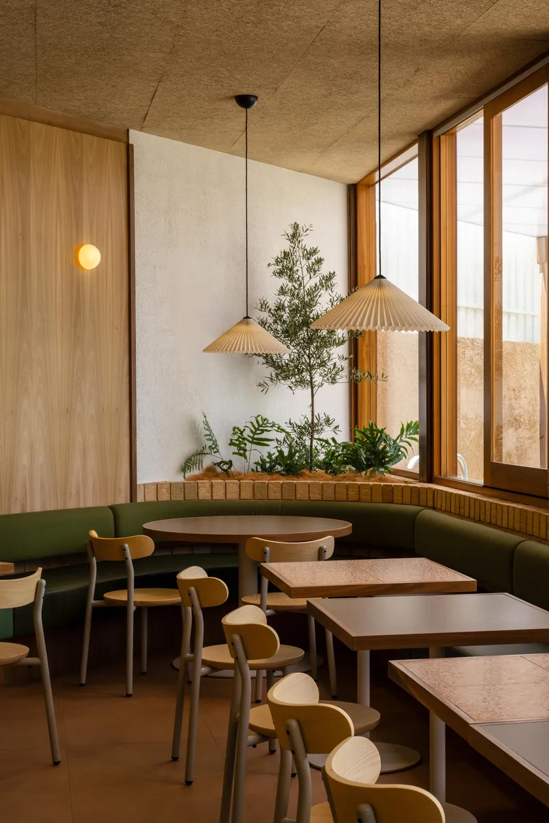 Window-side banquette seating with green upholstery, potted plants, and pleated pendant lights filtering daylight