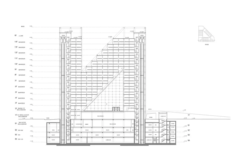 Section drawing showing residential tower with diagonal atrium void flanked by service cores and podium levels