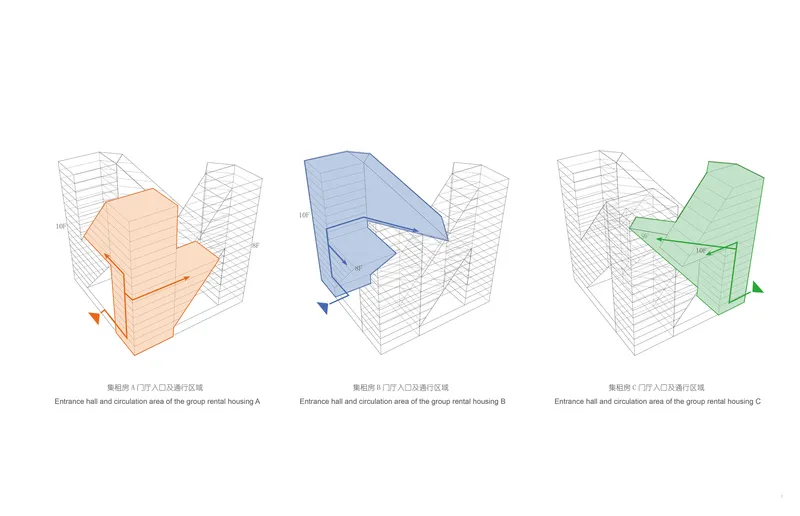 Axonometric diagrams showing three colored entrance hall and circulation volumes within wireframe tower frameworks