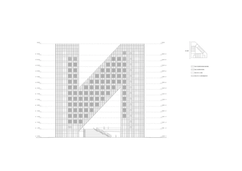 Elevation drawing of a tall gridded tower with a diagonal cut revealing an interior staircase