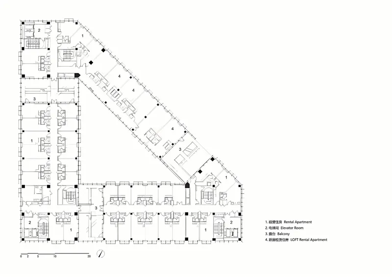 Floor plan drawing showing a triangular residential layout with units arranged along the perimeter
