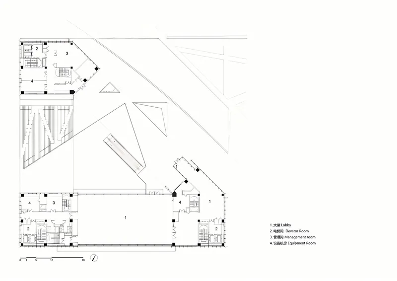 Ground floor plan drawing showing lobby and service areas within an angular footprint