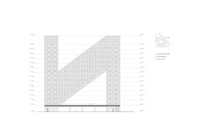 Elevation drawing showing a tower with gridded facade and diagonal void cutting through upper floors