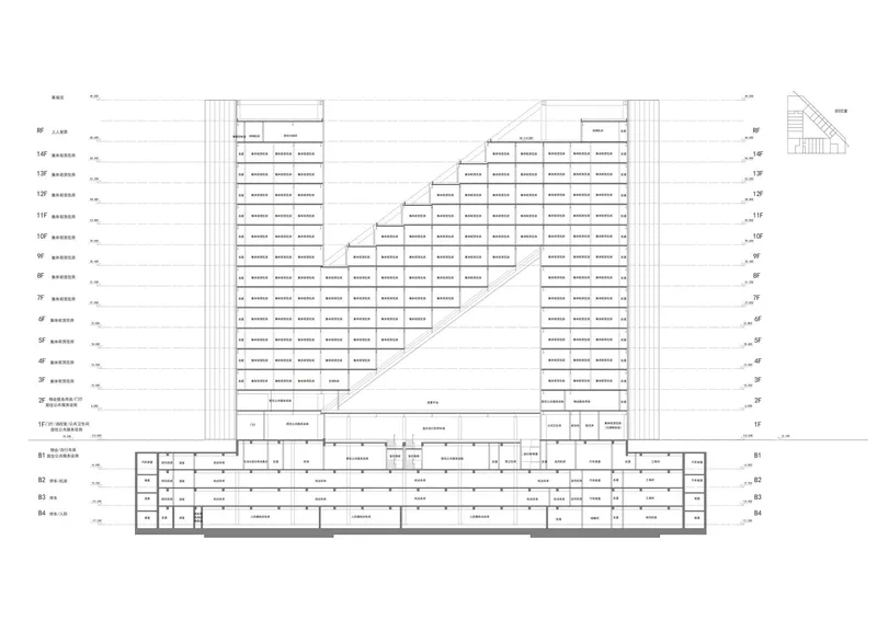 Section drawing revealing stacked residential floors above a multi-level podium base with labeled rooms