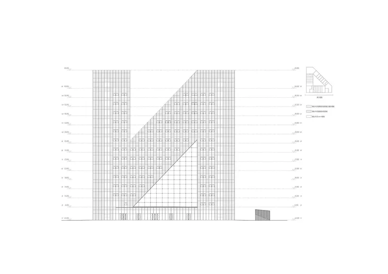 Elevation drawing depicting a tower with gridded facade and diagonal glazed plane alongside adjacent low structure