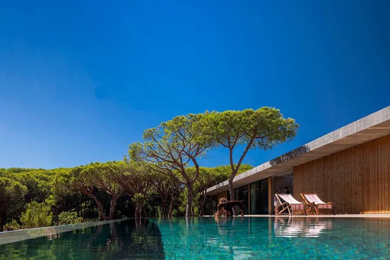 Infinity pool stretching toward pine trees with concrete roof overhang and striped loungers at edge