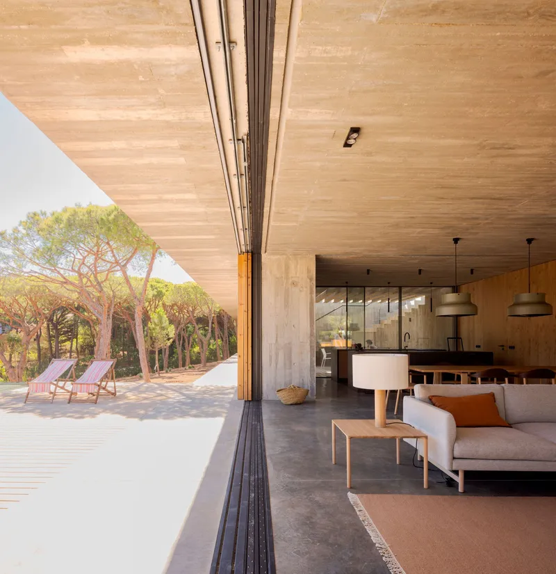 Open living area with timber ceiling extending to outdoor terrace framed by folding glass wall