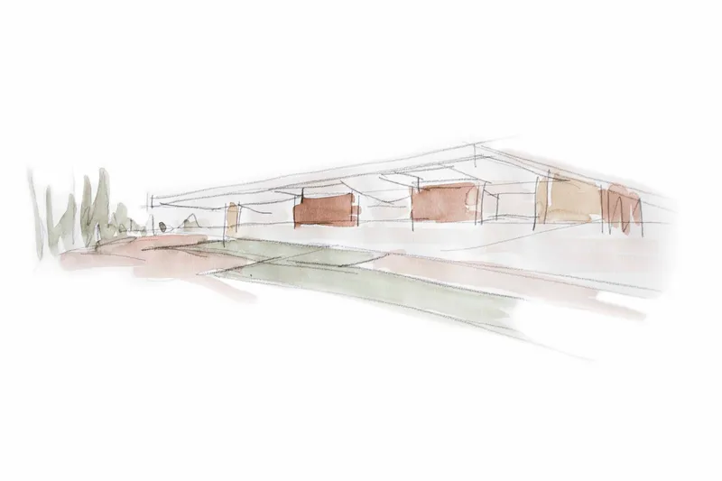 Watercolor sketch showing a low-slung pavilion roof sheltering glazed volumes beside a reflecting pool