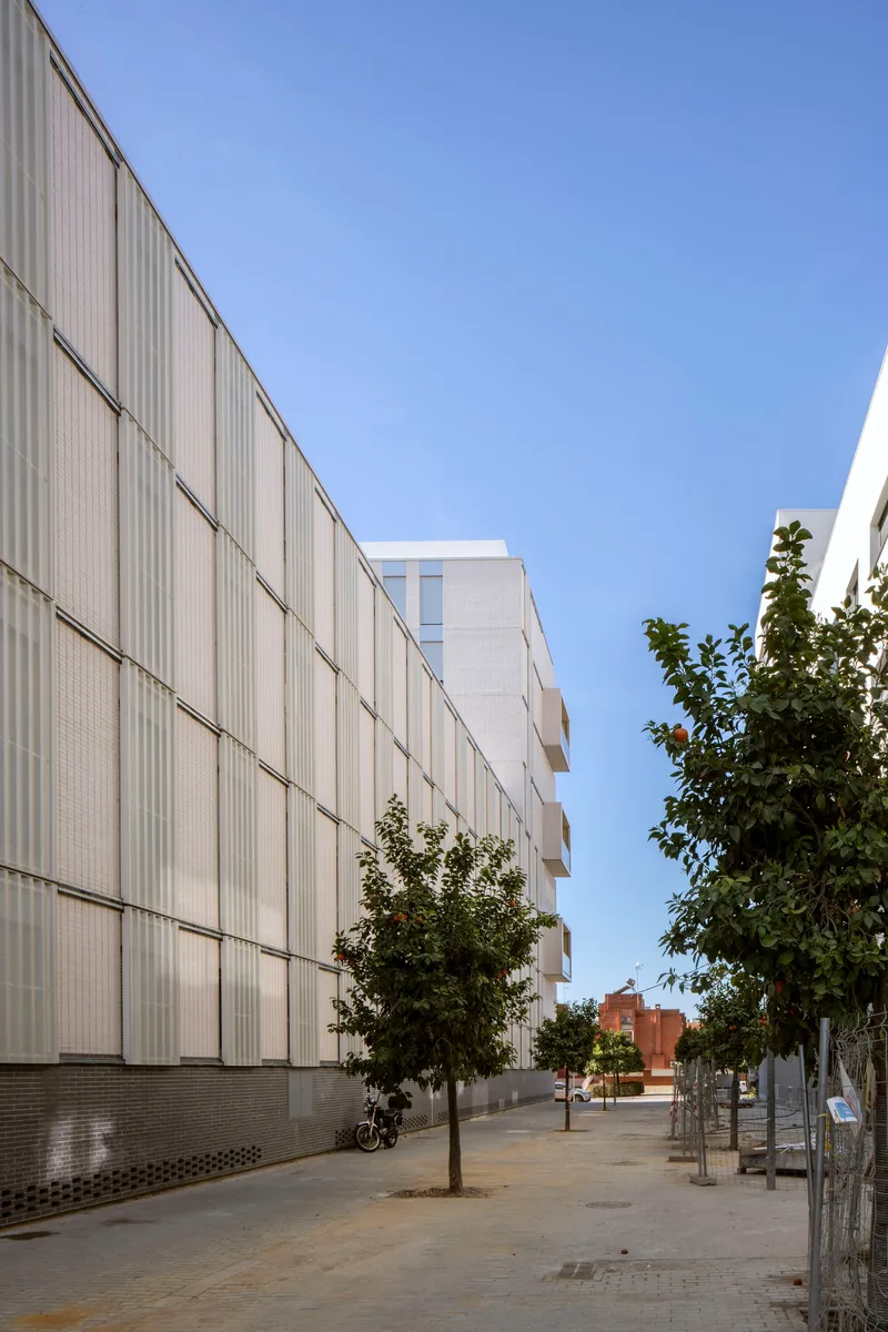 Ribbed metal cladding facade along a tree-lined pedestrian street under clear blue sky