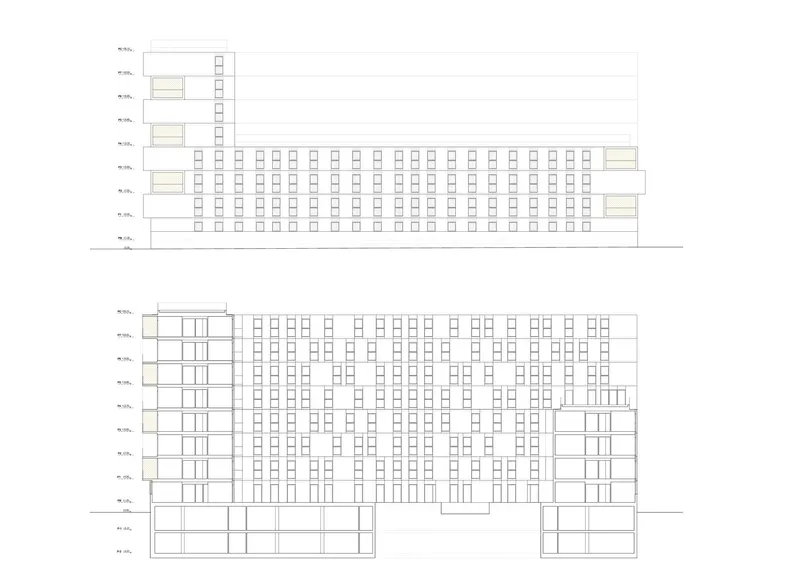 Elevation drawings depicting the facade grid of a housing block with symmetrical tower elements at both edges