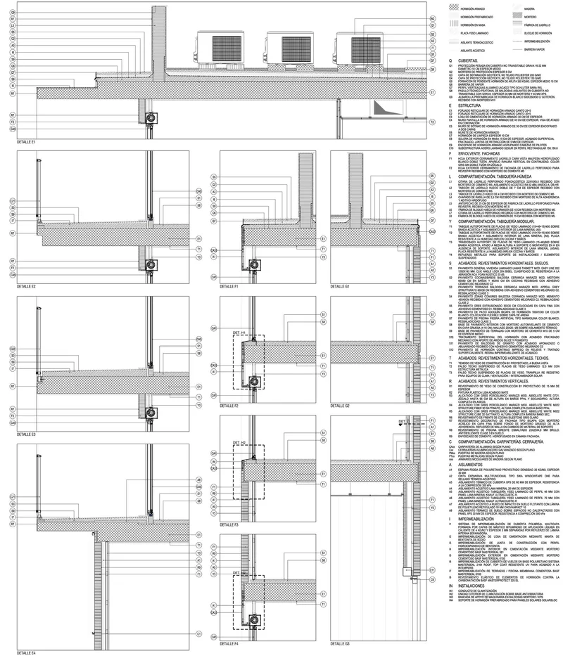 Construction detail sections illustrating wall assemblies, floor slabs, and technical specifications with extensive annotation