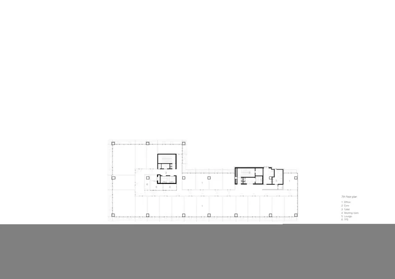 Elevation drawing showing three residential volumes on a horizontal plane with grey ground below