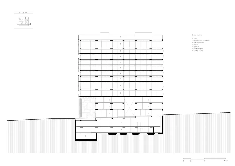 Section drawing showing a stepped tower with horizontal floor plates above a ground-level base