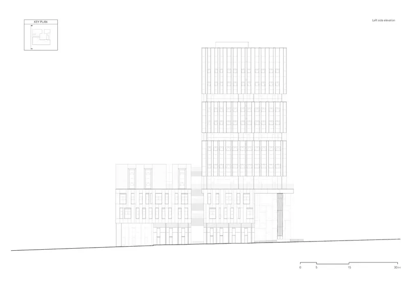 Left side elevation drawing showing a tall tower rising behind a cluster of mid-rise volumes