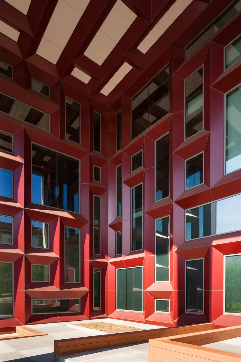 Ground-level view of the angular red facade with projecting window frames forming a geometric pattern in the courtyard