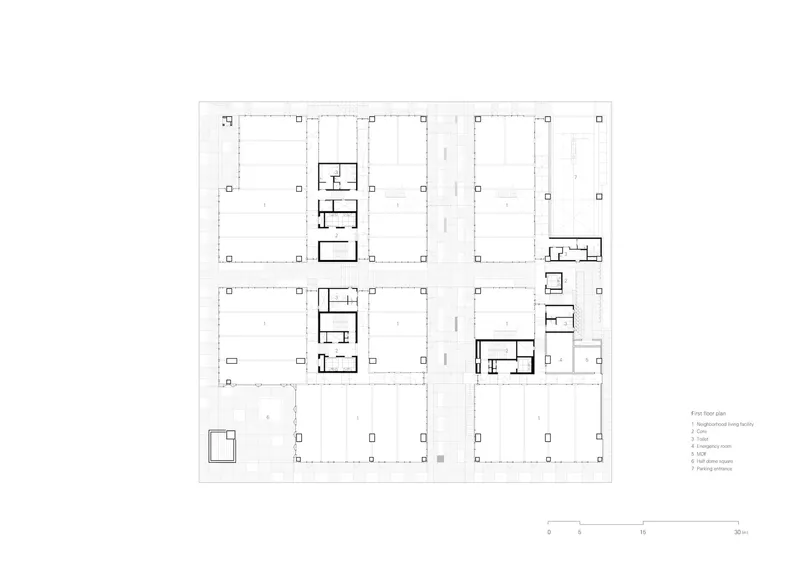 Floor plan drawing showing a structural grid with clustered service cores and open floor plates