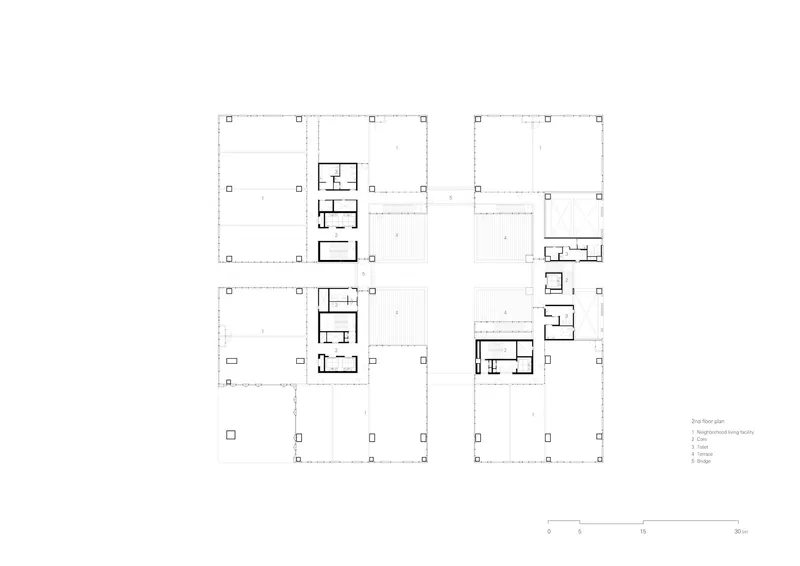 Floor plan drawing showing residential units distributed along a grid with courtyard spaces