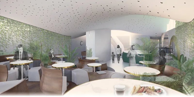 Biophilic interiors blend lush planting, natural light, and flexible seating to create a welcoming urban retreat.